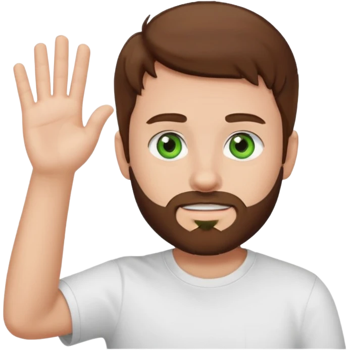 boy with brown hair, green eyes, trimmed beard, white t-shirt, waving emoji