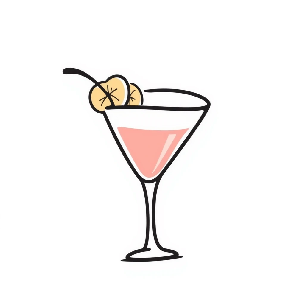 A fancy cocktail glass with decorative garnish in pastel colors (dd9fb0, ffc6d3, a3bfc9, c4bee2, f1b091), hand-drawn doodle style emoji