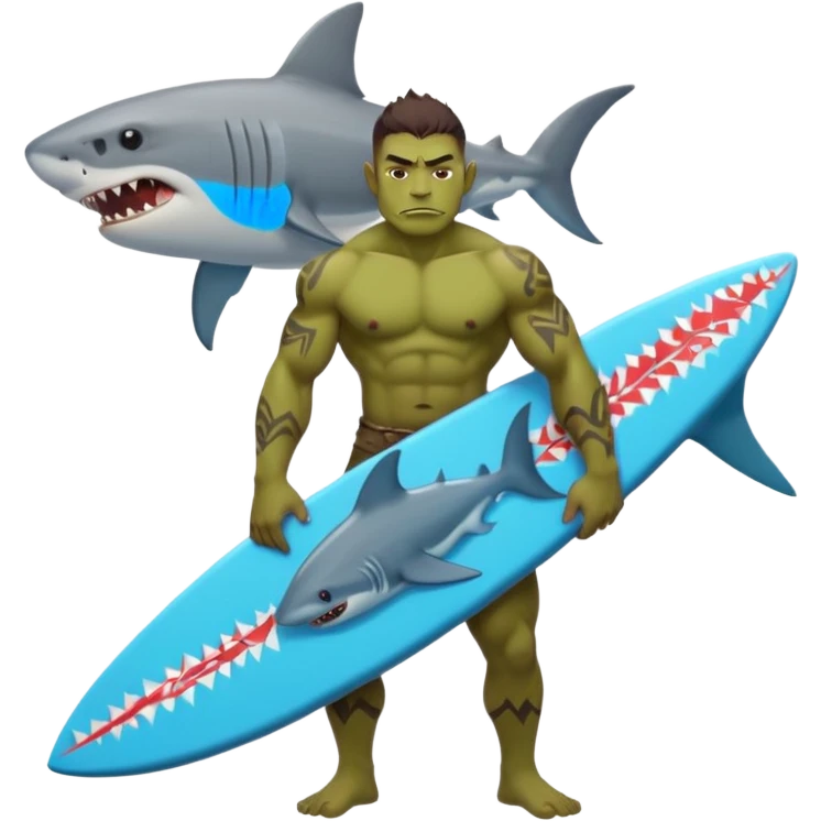 orc male holds a surfboard with a shark painted vertically in his hands emoji