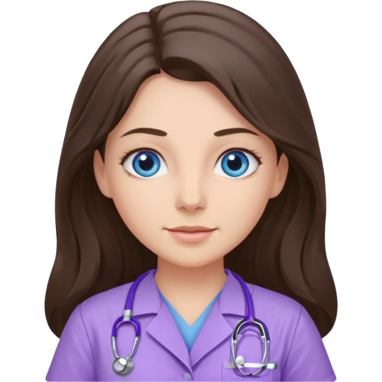 pretty brunette nurse with long hair and blue eyes in lilac scrubs emoji