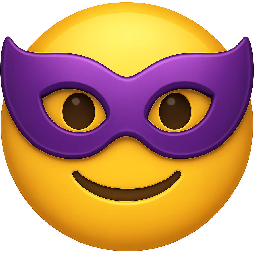 yellow face with purple masquerade mask, digital illustration, emoji style, no background emoji
