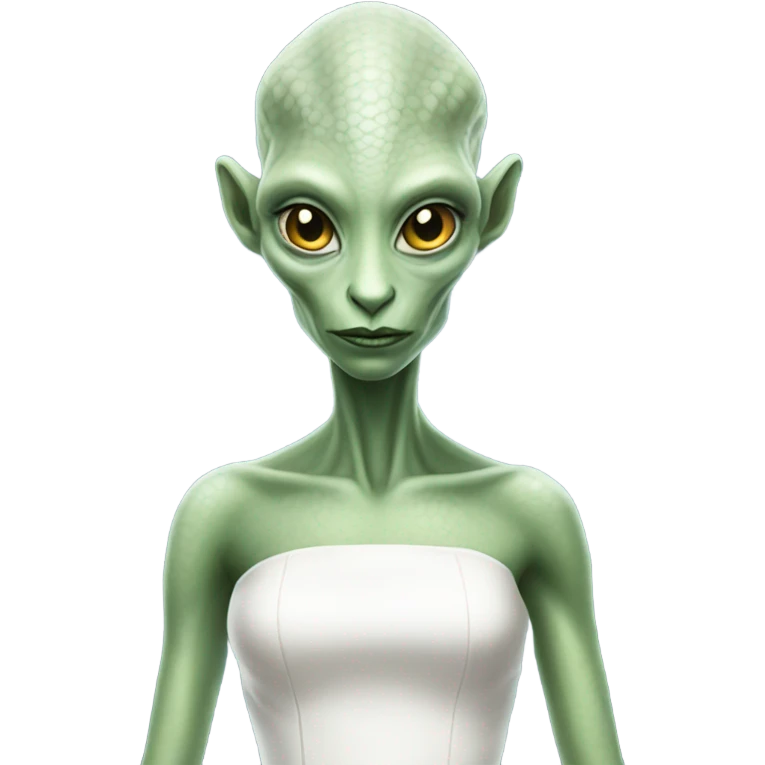  a Reptilian alien woman, in white dress, in front of his house emoji