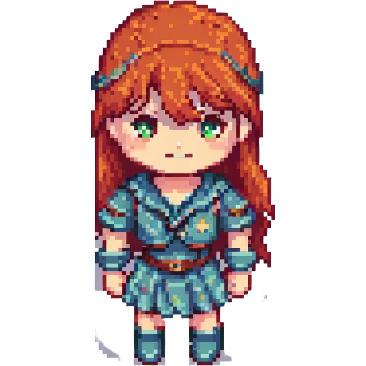 Change hair color to red, keep the same pixel art style and choppy bangs, with no background. emoji