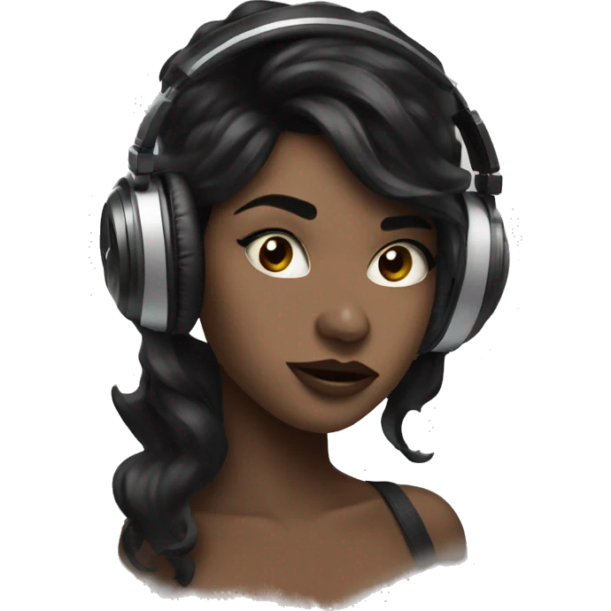 A girl with black hair with wind blowing through her hair listening to music with wire headphones and nude lipstick on emoji
