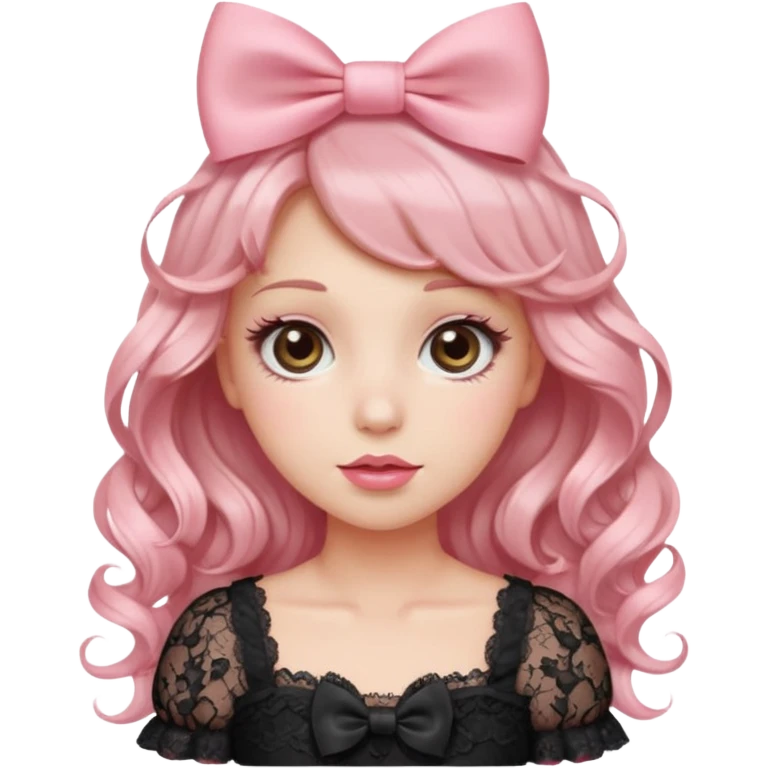 “Emoji girl, doe eyes, long fluttery lashes, soft pink blush, glossy rose lips, ribbon hair bow, romantic curls, wearing lace top.” emoji
