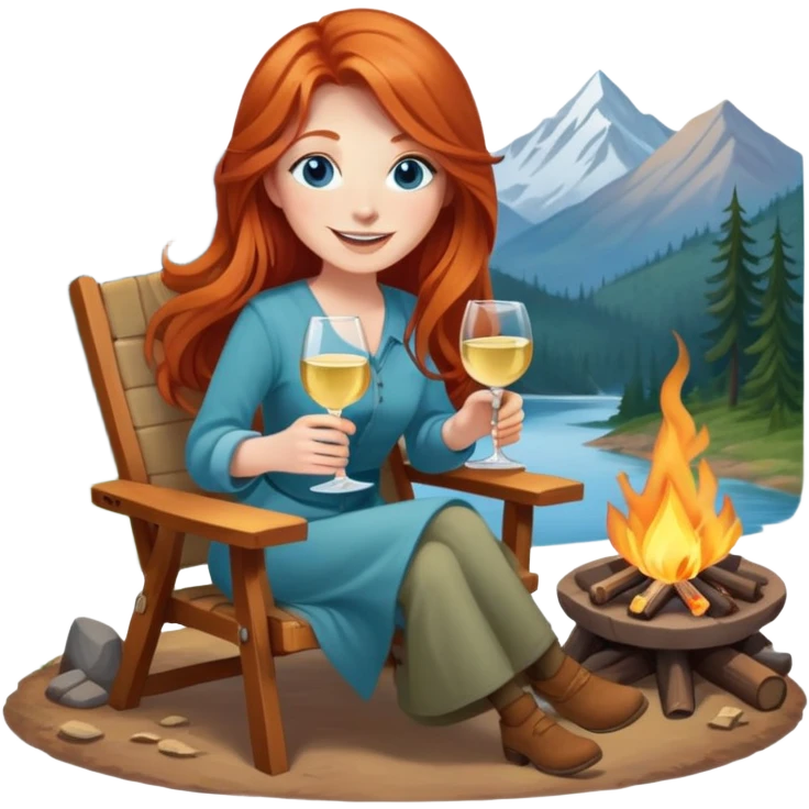 Happy redhead with long hair and blue eyes holding white wine sitting in chair campfire emoji