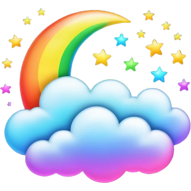 Neon rainbow colored moon with stars and clouds emoji