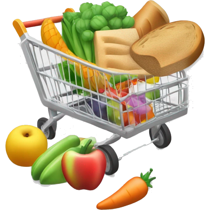 Create a simple 3D color illustration of the emoji 🛒, depicting a grocery cart filled with various items like fruits, vegetables, and bread, on a pure white background. Ensure the design includes all elements typical to the emoji's representation. emoji