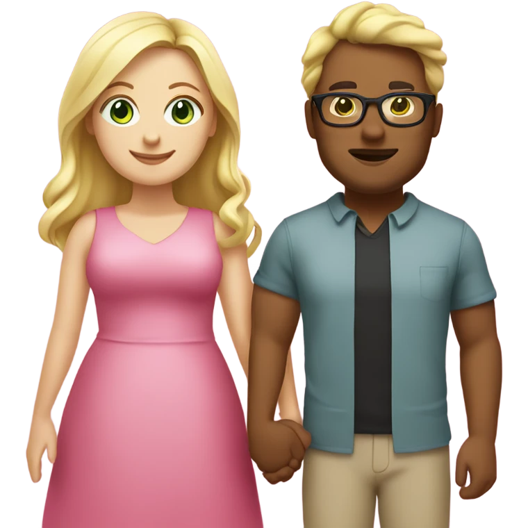 Curvy woman with long blonde hair and green eyes wearing a pink dress and holding hands with a brown man with short black hair and glasses emoji