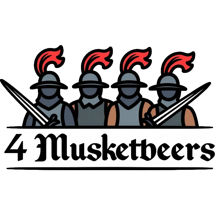 Four musketeers with feathered hats and swords with the text "4 Musketeers" emoji