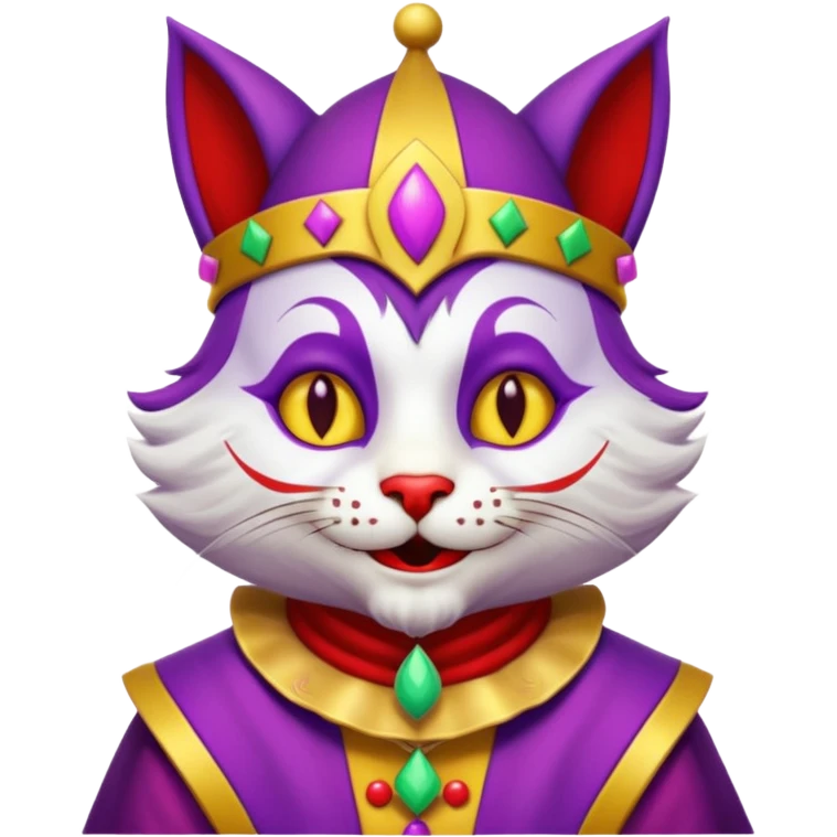 crazy colorful cute little cat jolly joker from poker, medieval, vintage, court jester, mac os icon, purple, yellow and red color, half body emoji