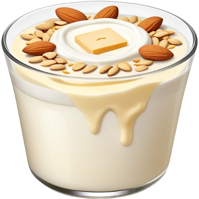 A glowing white leg bone in the center, surrounded by floating calcium-rich foods: yogurt, shredded cheese, almonds, and sesame seeds. All items are floating and slightly shining, arranged in a circle around the bone. emoji