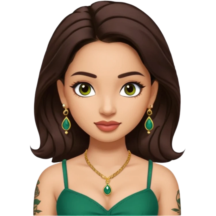 pretty bratz genmoji that looks like tamannah bhatia (bollywood actress), wearing a dark green sweetheart neckline top, dark brown hair, light makeup, no necklace, dangly earrings, side hair part, dark brown eyes, with full tattoos emoji