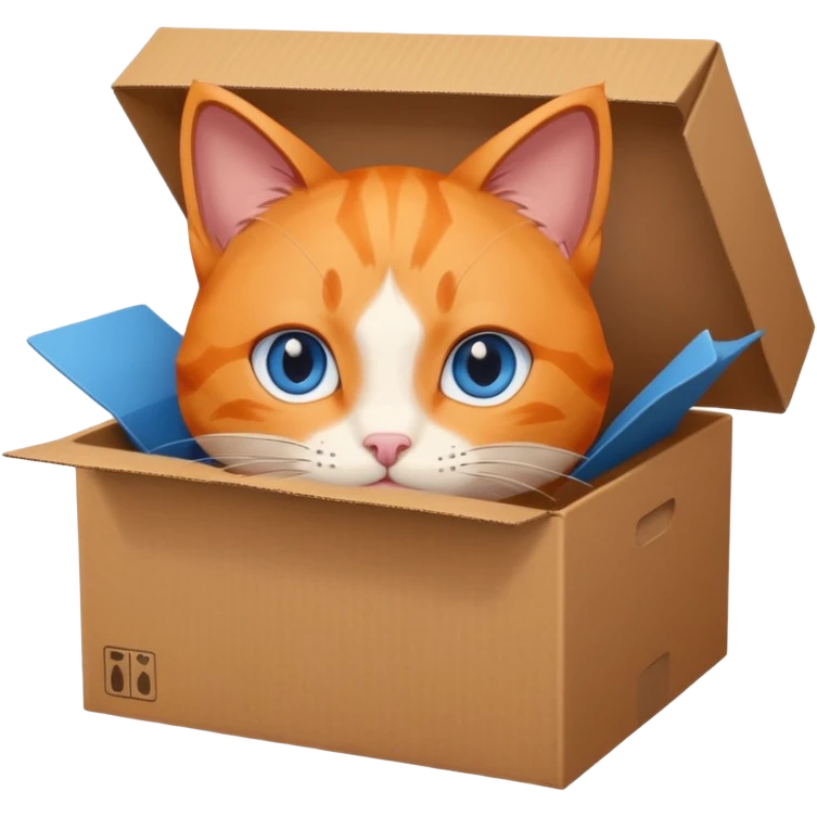 anime character cat that is orange cat, that its body is inside of a simple brown box. cats eyes are blue , but head is showing up from a box, body is inside the box. also cat is inside a lpened box emoji