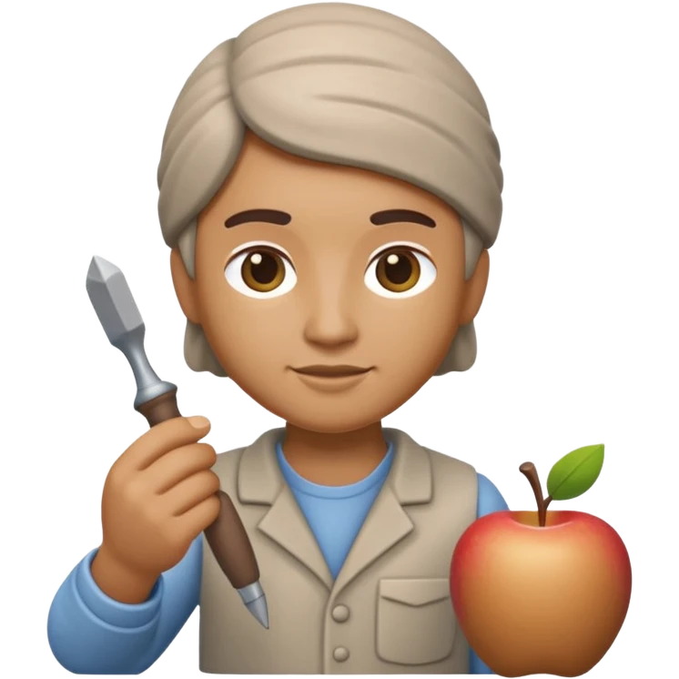 Apple Memoji-style 3D emoji of a sculptor with a small statue and chisel, smooth gradients, rounded edges, no background.during sculpting rock emoji