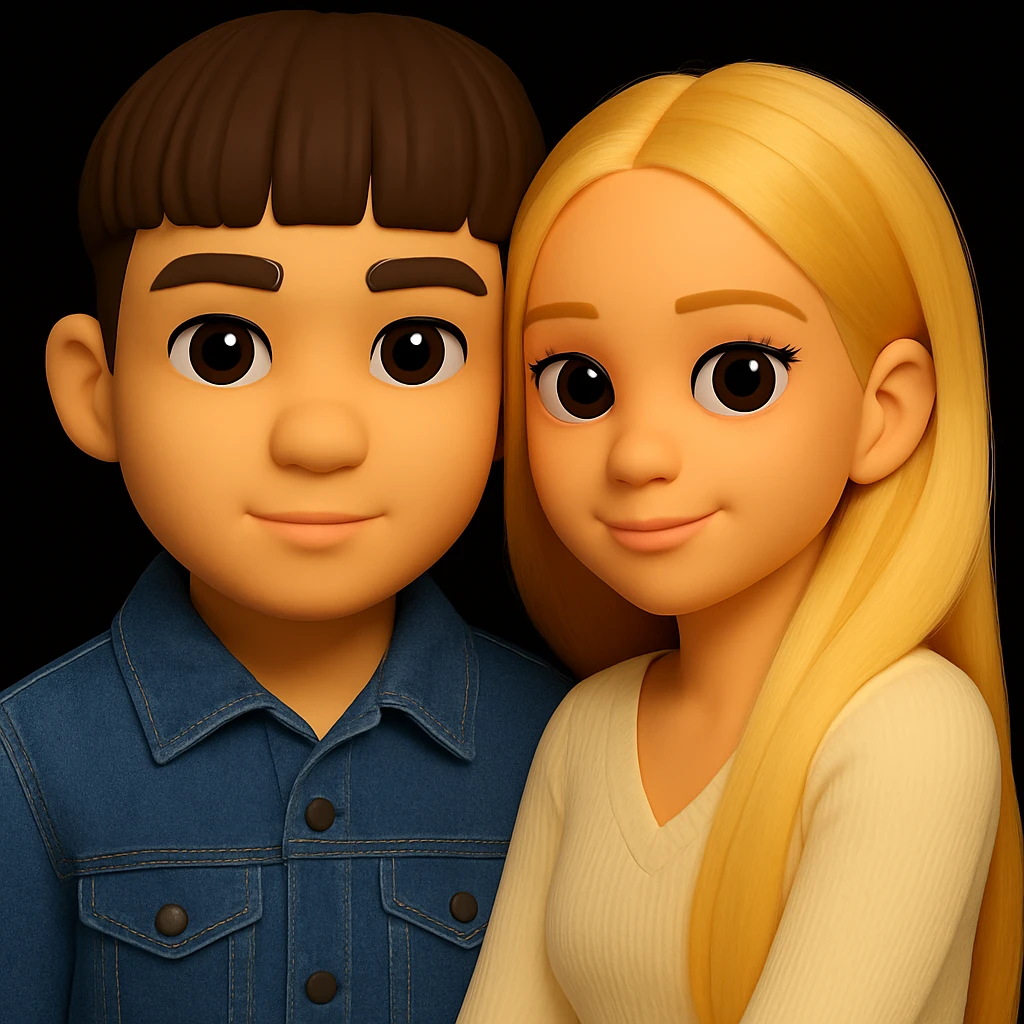 Change the boy's outfit to a denim jacket, keeping the 3D emoji style unchanged. The girl should remain the same. Maintain the microsoft style 3d fluent emoji look. emoji
