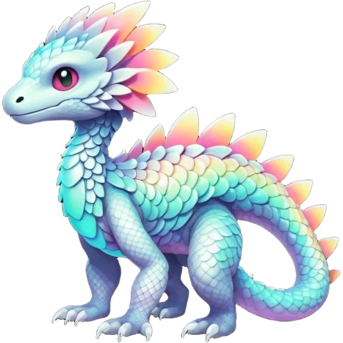 futuristic lush warm-colored iridescent whitish silvery scaley neon-colored Fakémon-Trico-creature (full body) emoji