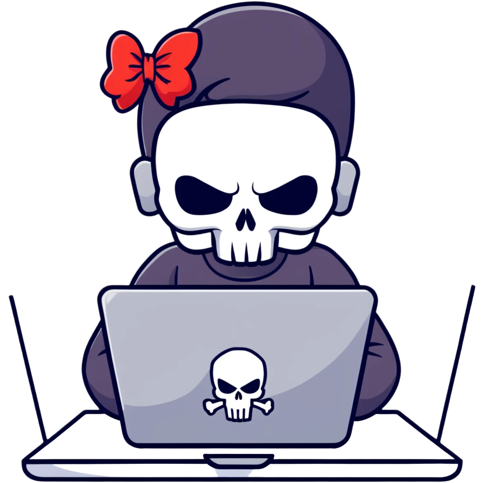 girl Punisher skull with bow typing on laptop emoji