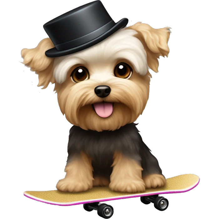 yorkie bichon mix. dog with light tan curly fur, very very long ears down. dark brown eyes, mouth closed. wearing a top hat on a skateboard emoji