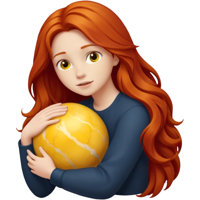 Happy long haired redhead hugging big yellow marble emoji