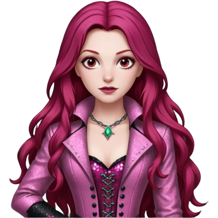 Aleera from Van Helsing with long dark red hair, pink sequin outfit emoji