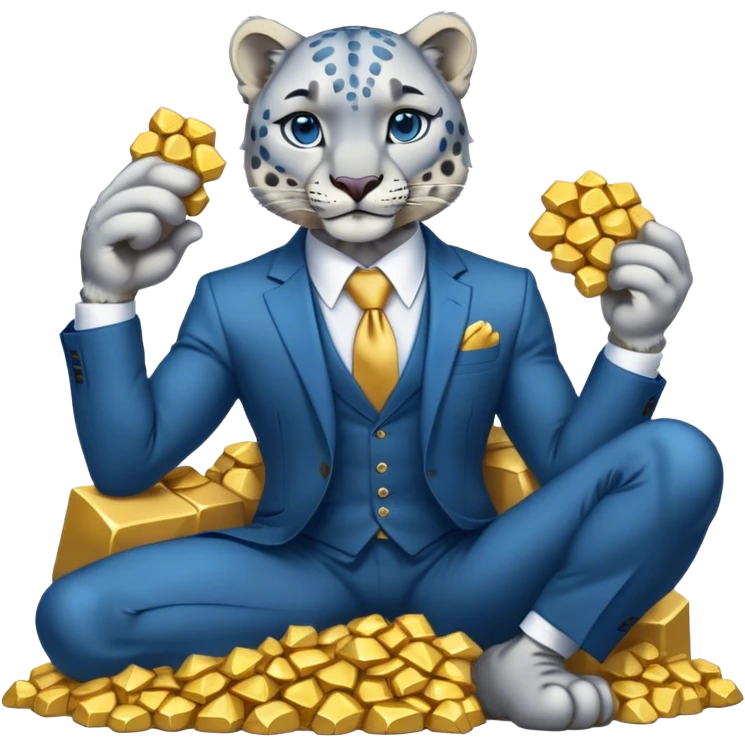 muscular snow leopard in suit with blue tie sitting on pile of gold nuggets emoji