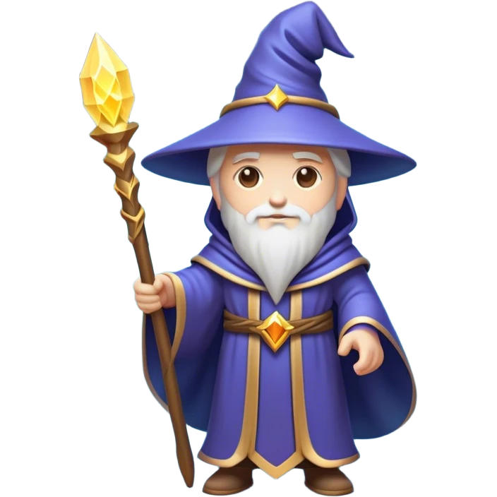 Clash of Clans aesthetic: Cinematic heroic powerful Wizard Hero Emoji, rendered in a 3D vector-style similar to standard emojis with minimal shading and bold, simplified shapes. A compact, isometric figure draped in flowing enchanted robes and wielding a mystical staff, softly glowing with an arcane magical charm. Simplified yet unmistakably iconic, highly detailed and consistent, glowing with a soft radiant glow and high shine. Stylized with a touch of whimsical sorcery and a soft glowing outline, capturing the essence of a powerful wizard ready to cast spells with a friendly, playful spirit! emoji
