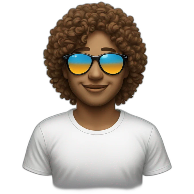 skyline by the ocean with curly brown hair, peuple sunglassees and black tee short with an orange flower on the back of the tee shirt emoji