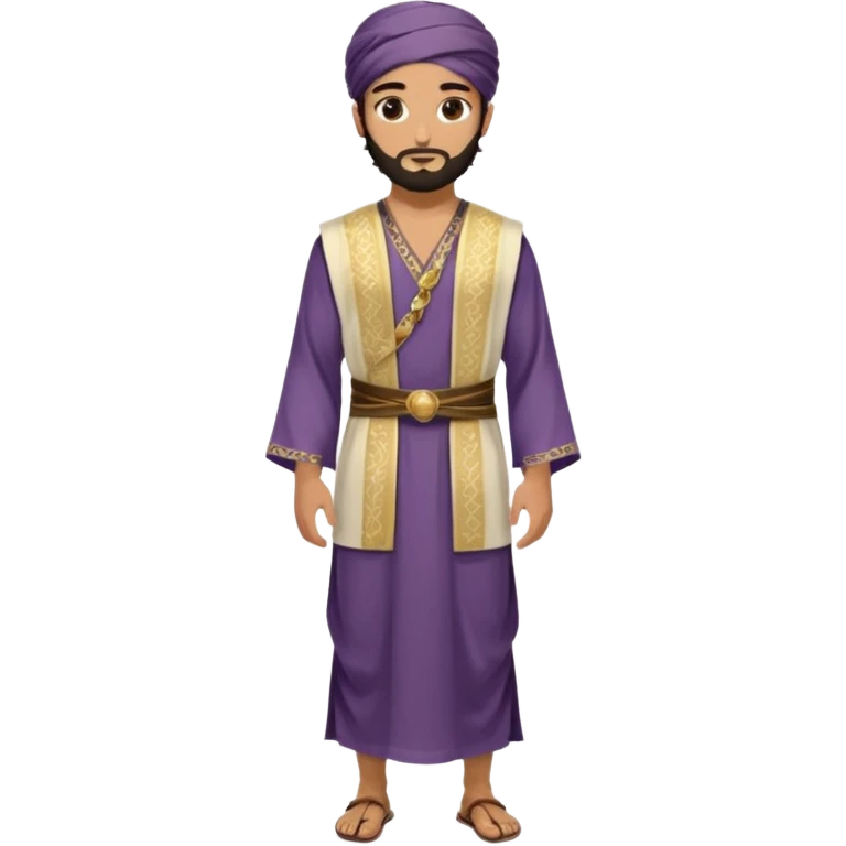 
-Apariencia: Joven de unos 25-30 años, atractivo,.
-Rostro: Ojos oscuros, piel ligeramente morena, rasgos árabes finos.
-Cabello: Negro, algo rizado o suelto, con barba fina.
-cuerpo entero  puede llevar una túnica más oriental, con faja y turbante sencillo con sandalias emoji