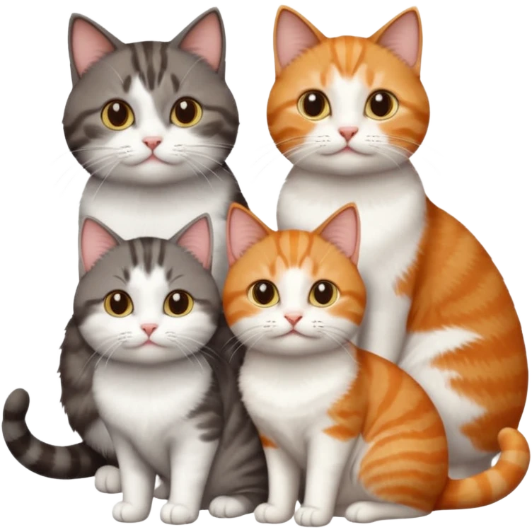3 different coloured short haired cats including; a dark brown tabby and white cat, and a dark grey and white and a ginger and white emoji