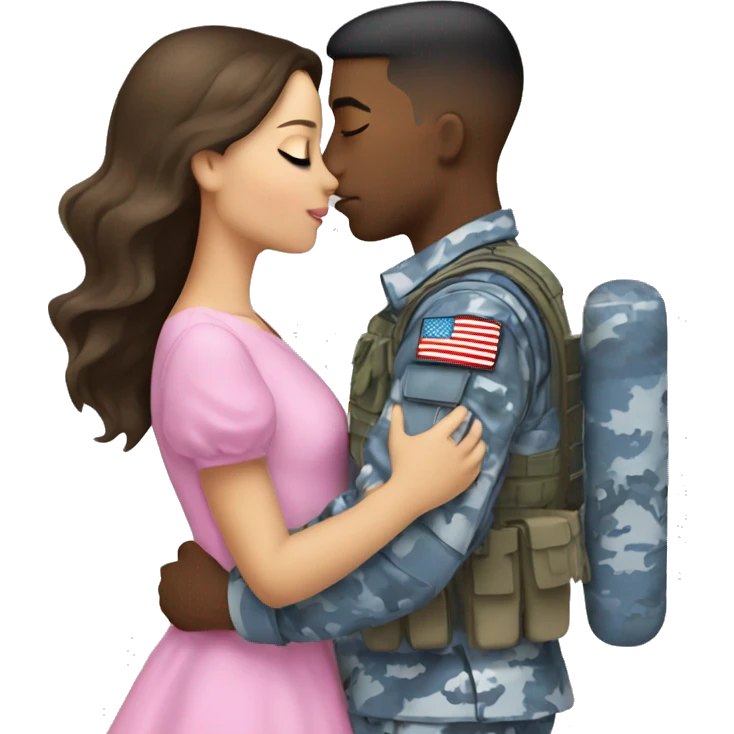 Brunette girl wearing a pink dress kissing a solider boy in blue camouflage  emoji
