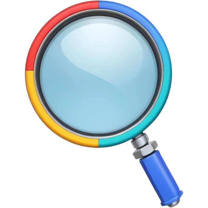 mechanical magnifying glass with industrial look, bolts and screws, colorful and minimal, emoji style, no text emoji