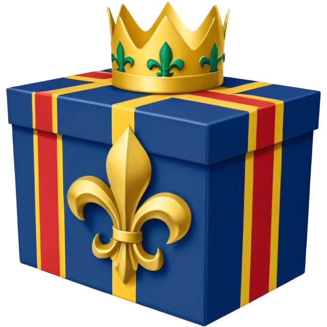 Louisiana Creole flag in 4 boxes: gold fleur-de-lis on deep blue/black; green, yellow, red stripes in upper right and lower left with green star in upper right; yellow castle on red in lower right. Flat vector, clean, high contrast, clear at small size. emoji