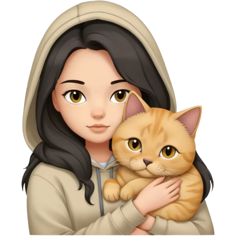  girl black balayage long hair beige hoodie cuddling a british shorthair golden cat emoji
