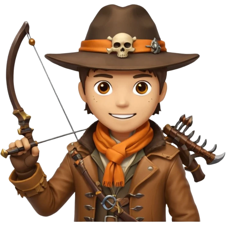 male human monster hunter emoji, wearing brown leather coat and wide hat, holding crossbow, with amulet shaped like skull, Halloween fantasy theme, confident smile, orange scarf, Apple emoji style, clean white background, square image emoji
