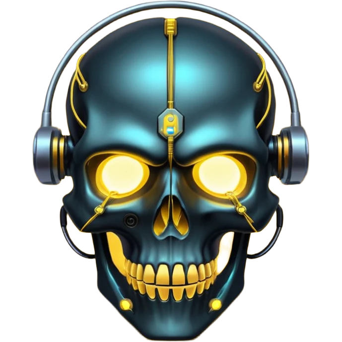 Cyberpunk shield, skull with cybernetic implants, glowing wires, dark electric gold and black tones, no background emoji