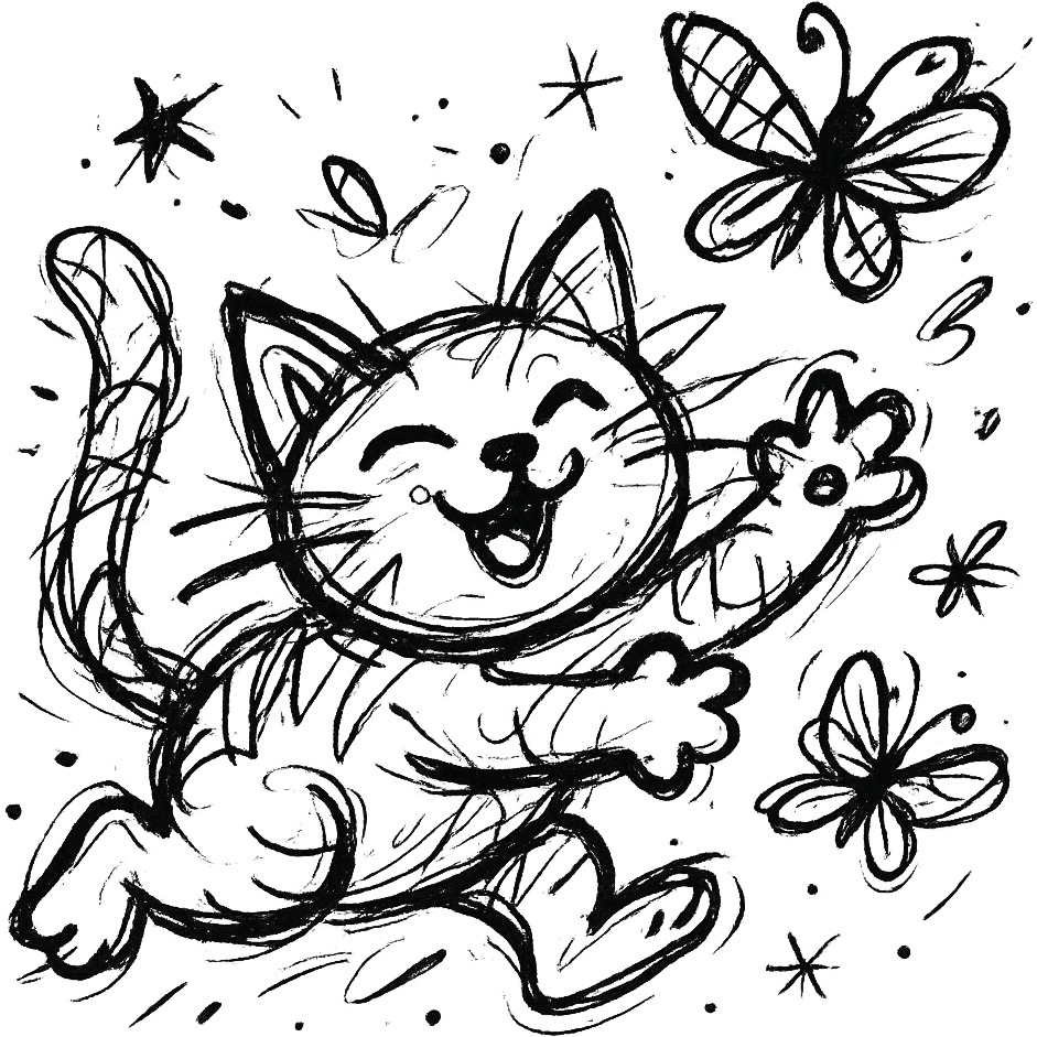 cute cat playfully chasing butterflies with wild scribbled lines and whimsical details emoji