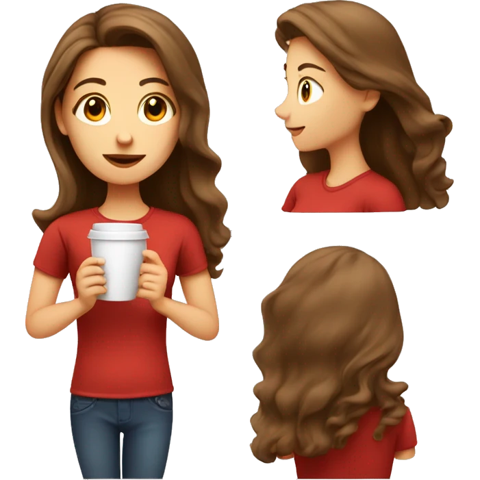 barista girl in a red t-shirt with long brown hair, with a cup of coffee in a hand emoji