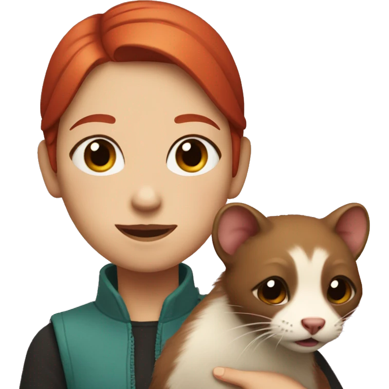 girl with red hair, with divided eyes, holding a ferret in her arms emoji
