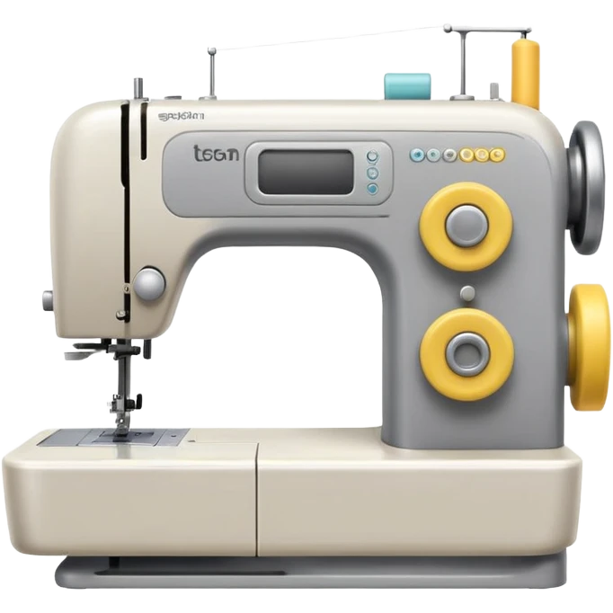 Emoji of a modern sewing machine inspired by a Brother machine. Soft, rounded shapes in the style of Apple emojis, with subtle gradients and soft shadows. White body with light gray details, a yellow spool on top emoji