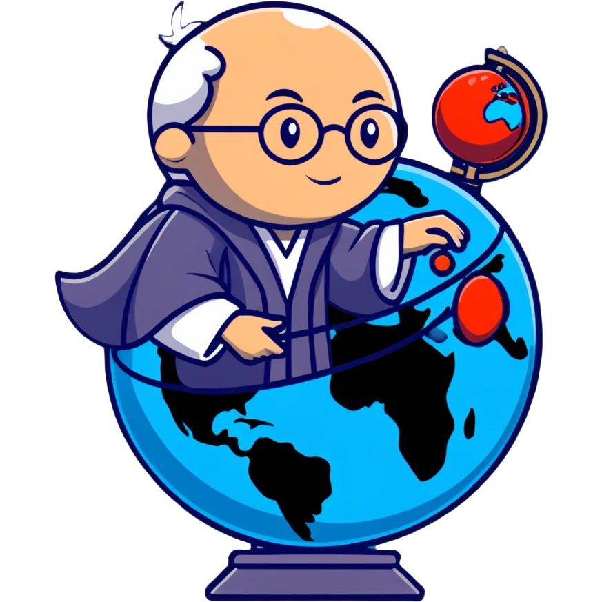 wise professor in academic robe spinning a floating globe sphere emoji