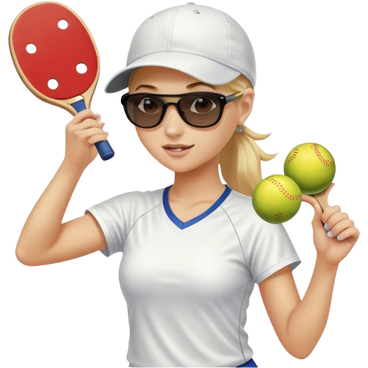 Girl with blond hair in a ponytail wearing a white baseball cap and sunglasses playing pickleball emoji