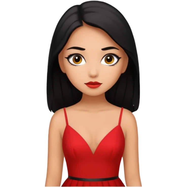 Chica con delineado con vestido rojo escotado en la espalda y pelo semi largo negro  emoji