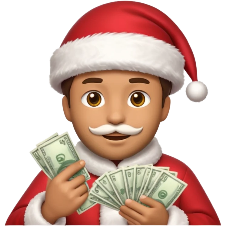 A confident rich emoji face wearing a Santa hat, money stacks, casino vibe, New Year theme, premium 3D emoji style, sharp details, no text, isolated on transparent background emoji