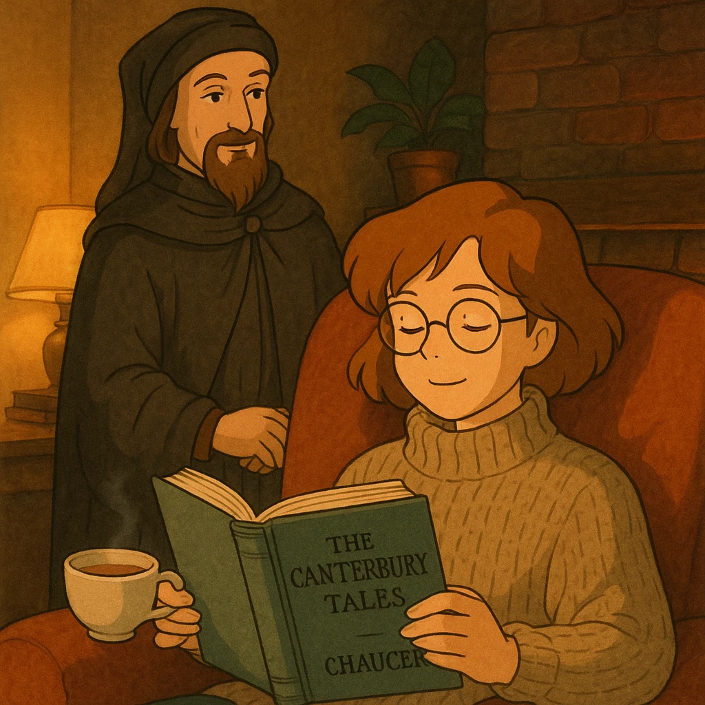 cozy scene of a person reading the Canterbury Tales and drinking tea, Chaucer in medieval attire standing behind, warm lighting emoji