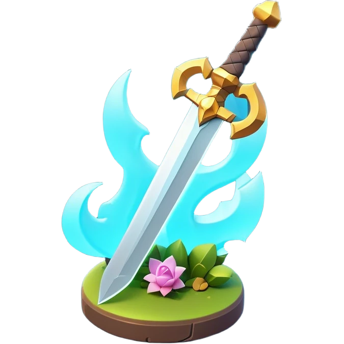 Clash of Clans aesthetic: Cinematic Playful 3D Isometric Sword Emoji, rendered in a 3D vector-style similar to standard emojis with minimal shading and bold, simplified shapes. A compact, distinct form with signature details, softly glowing with a fantasy RPG magic charm. Simplified yet unmistakably iconic, highly detailed and consistent, glowing with a soft radiance and high shine. Stylized with a touch of heroic grandeur and a soft glowing outline, capturing the essence of a beloved gaming relic with a friendly, playful manner! emoji