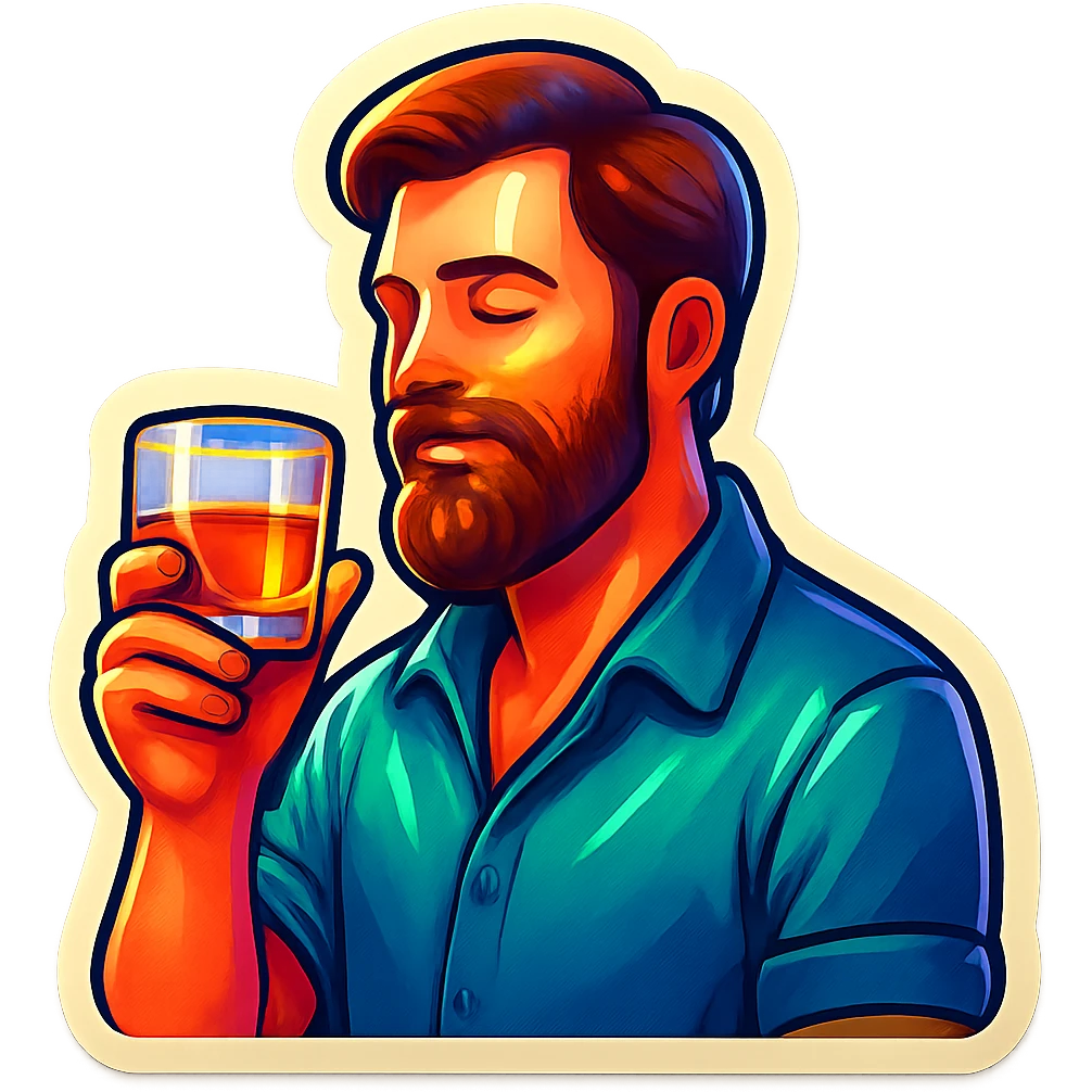 A man with a beard holding a glass of whiskey emoji