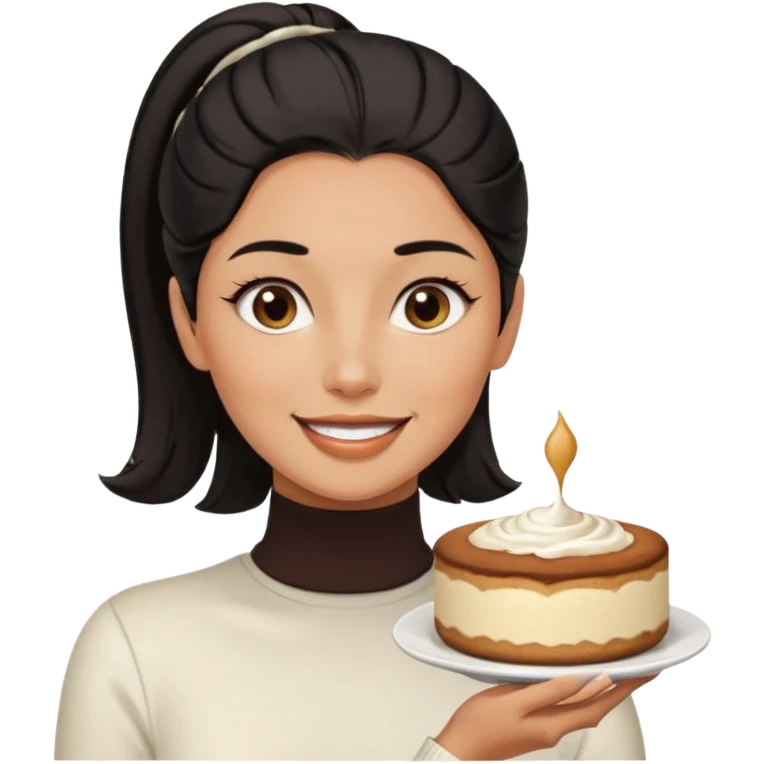  tan skin woman with long face, and short black hair slicked back ponytail with forehead showing, wearing white turtleneck shirt, eating tiramisu smiling with middle parted hair emoji