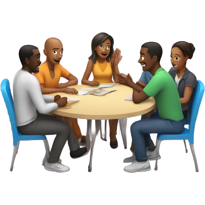 group discussion at a table colorful chairs emoji