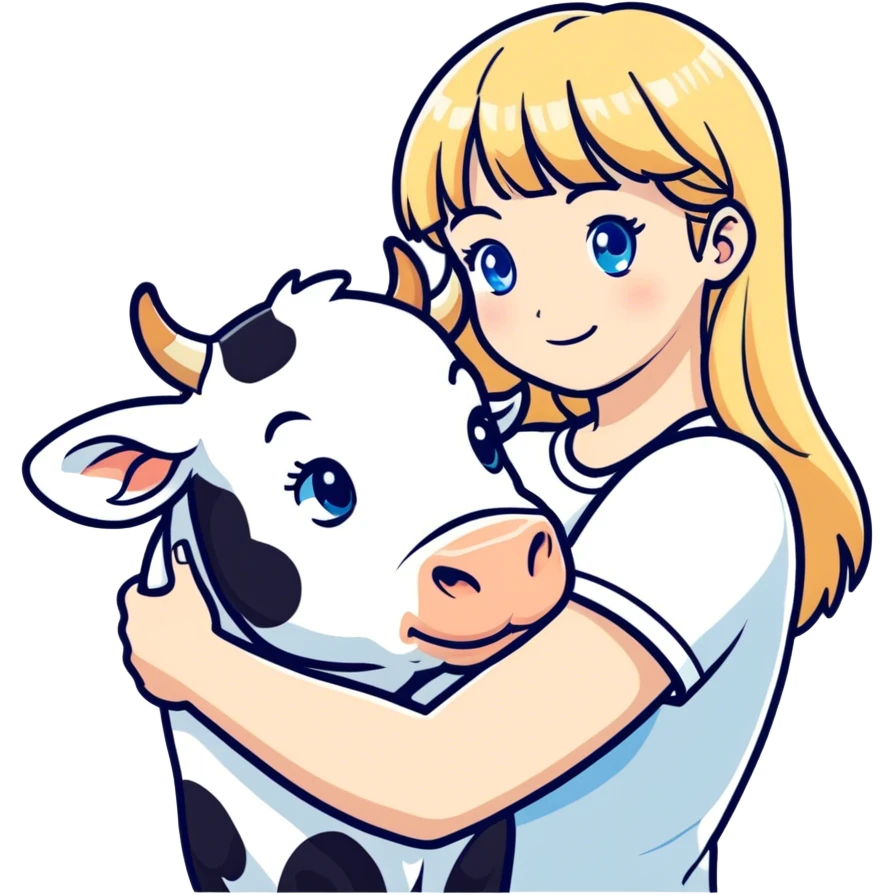 Woman whit hair long and blonde bangs in front, blue eyes, white t shirt hugging a cow emoji
